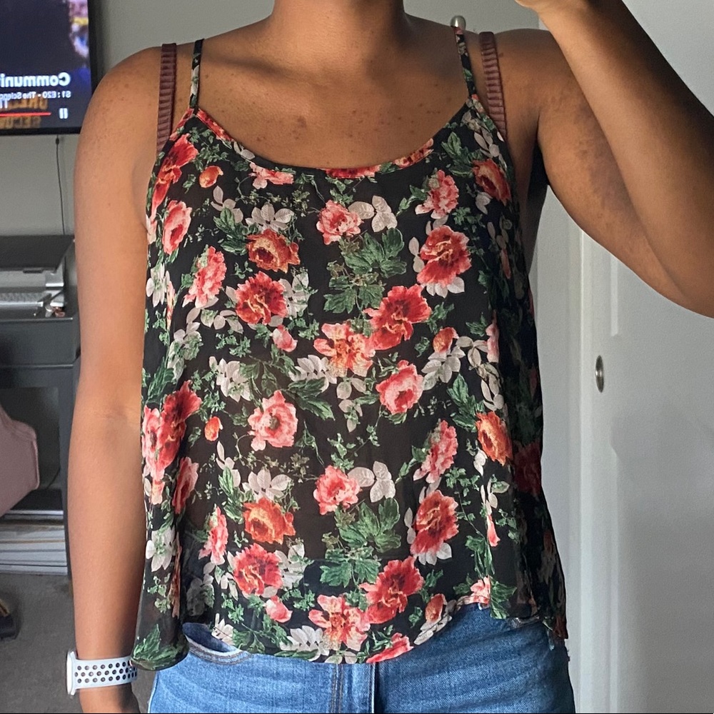 sheer floral open back tank top
